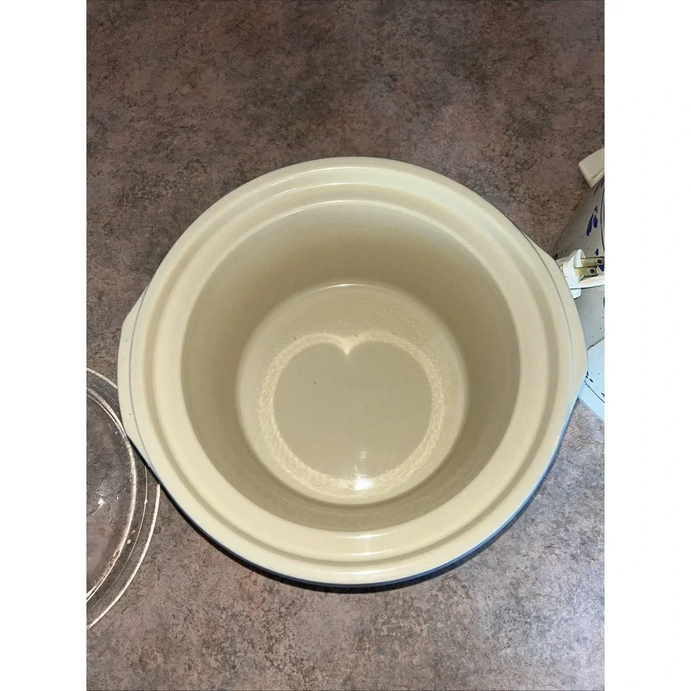 Vintage Rival 5 Qt Crock Pot Slow Cooker Blue Stoneware Model 3355 Glass Lid Wrk